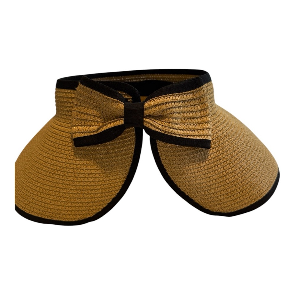 Jacobson Tan Black Woven Straw Sun Hat Visor Bow Adjustable Roll-up OS EUC